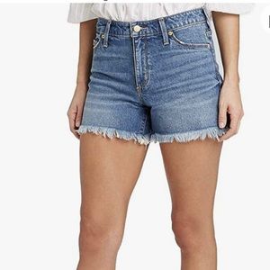 New high rise denim shorts raw hem stretch 14 cotton blue